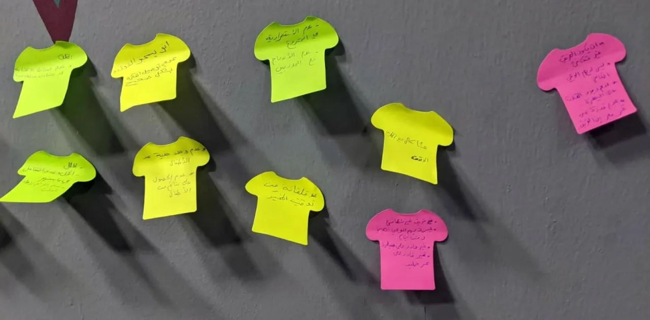 Colourful paper notes with Arabic writing displayed during the Wahda project.